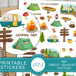 Camping Planner Stickers, Printable Camping Stickers Kit, Camping Scrapbook Stickers, Camper Stickers, Summer Holiday Stickers, DS125