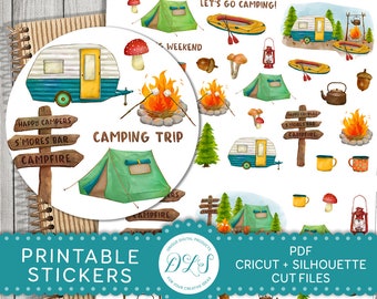 Camping Planner Stickers, Printable Camping Stickers Kit, Camping Scrapbook Stickers, Camper Stickers, Summer Holiday Stickers, DS125