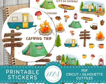 Camping Planner Stickers, Printable Camping Stickers Kit, Camping Scrapbook Stickers, Camper Stickers, Summer Holiday Stickers, DS125