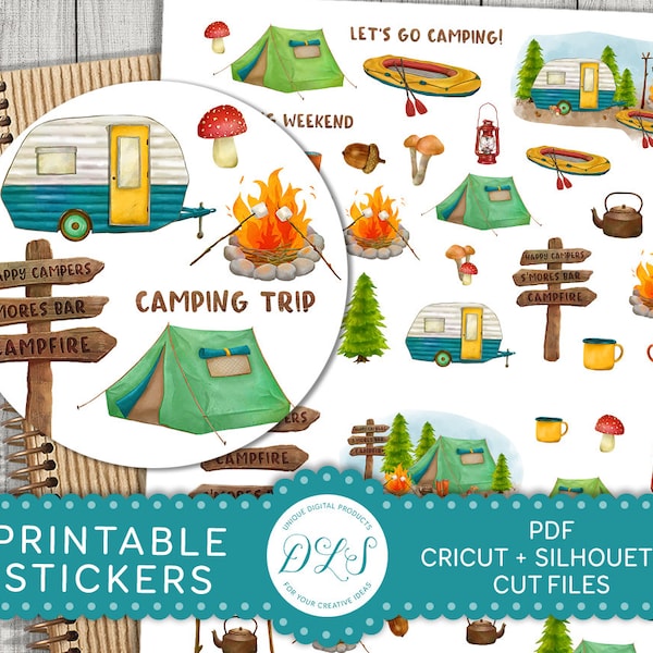 Autocollants de planificateur de camping, Kit d'autocollants de camping imprimables, autocollants de scrapbooking de camping, autocollants de camping-car, autocollants de vacances d'été, DS125