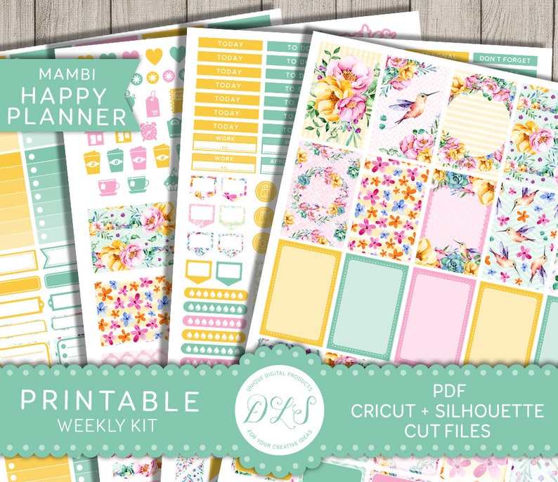 May include: Printable planner stickers with a floral theme. The stickers feature yellow, pink, and green flowers, hummingbirds, and the text "Mambi Happy Planner".