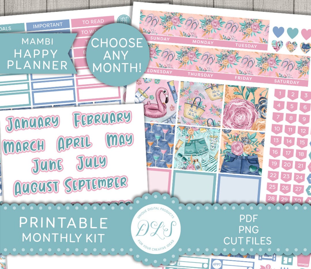 Happy Planner Printable Monthly Stickers, Beach Planner Stickers Kit ...