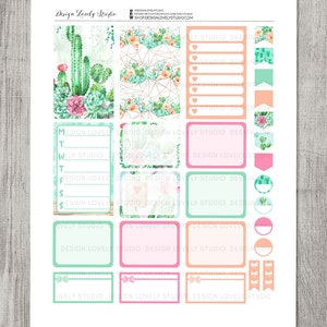May include: A set of printable planner stickers featuring a cactus and succulent theme. The stickers are in shades of green, pink, and peach. The stickers include a weekly planner, boxes, circles, and banners.