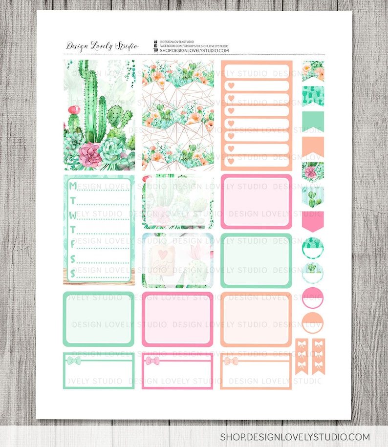 May include: A set of printable planner stickers featuring a cactus and succulent theme. The stickers are in shades of green, pink, and peach. The stickers include a weekly planner, boxes, circles, and banners.