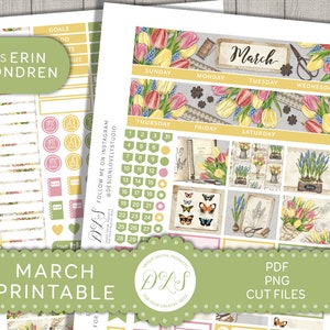 MÄRZ Monats-Sticker, druckbare März-Monats-Kit, passt Erin Condren, Frühlings-Sticker, Tulpen-Sticker, MV157