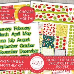Monthly Planner Stickers, Happy Planner Monthly Kit, Printable Monthly Kit, Summer Planner, Watermelon Stickers, Instant Download, HPE103