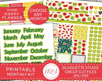 Puede incluir: Kit de planificador mensual imprimible con temas de sandía y limonada. Incluye una variedad de pegatinas, archivos de corte y descargas digitales. Elige cualquier mes. Silhouette Studio y Cricut Cut Files. JPG/PDF.