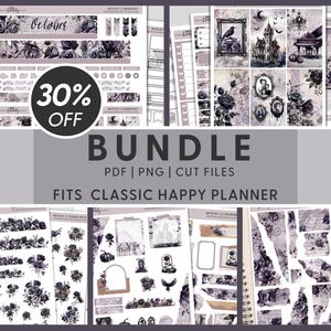May include: A digital planner sticker bundle with a witchy theme. The stickers feature a variety of designs, including roses, a haunted house, a piano, and a raven. The stickers are designed to fit the Classic Happy Planner.