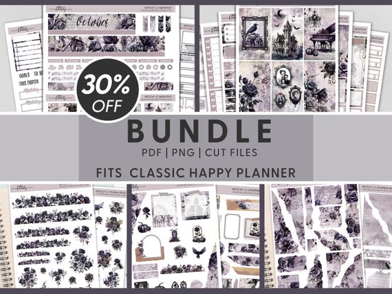 Printable Halloween Planner Stickers Bundle, Happy Planner, October Monthly Stickers, Weekly Sticker Kit, Victorian, Spooky, Gothic, BH116