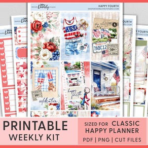 4th of July Weekly Kit – Printable Planner Stickers for Happy Planner, Patriotic Stars & Stripes, Fireworks, BBQ, July Stickers, HP281