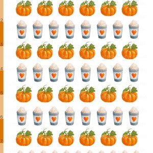 May include: A sheet of 8x8 inch decorative stickers featuring a repeating pattern of orange pumpkins and blue and white coffee cups with whipped cream and a red heart. The text "DLS DECORATIVE STICKERS FOLLOW ME ON INSTAGRAM @DESIGNLOVELYSTUDIO" is at the bottom of the sheet.