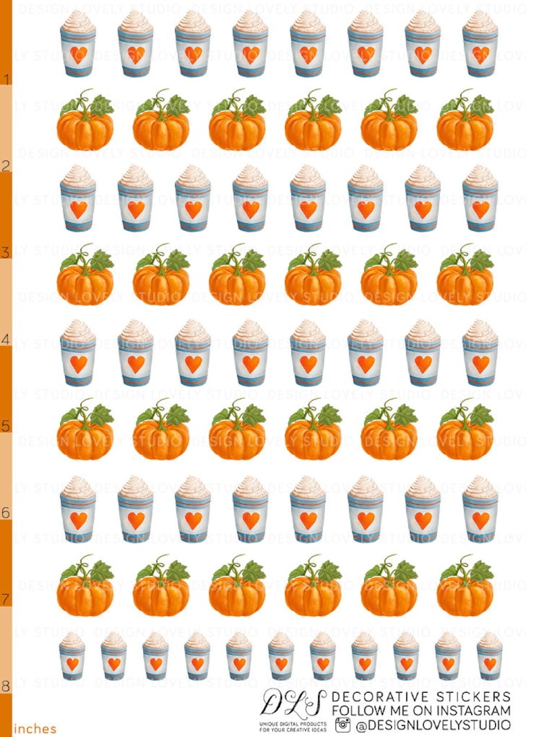 May include: A sheet of 8x8 inch decorative stickers featuring a repeating pattern of orange pumpkins and blue and white coffee cups with whipped cream and a red heart. The text "DLS DECORATIVE STICKERS FOLLOW ME ON INSTAGRAM @DESIGNLOVELYSTUDIO" is at the bottom of the sheet.