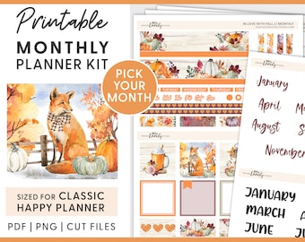 Op de afbeelding: Printbare maandelijkse plannerset met een herfstthema. De set bevat stickers, washi tape en een vos-illustratie. De set is geschikt voor een klassieke happy planner.