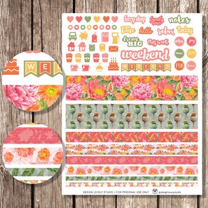 May include: A set of printable planner stickers featuring floral patterns, poppy seed pods, and various phrases like "lazy day", "family time", "notes", "weekend", and "fun".