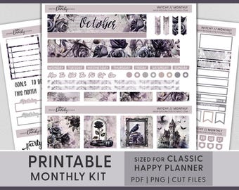 May include: Printable monthly kit for a classic Happy Planner, featuring a witchy theme with black roses and gothic elements. Includes stickers, labels, and decorative elements for October. PDF, PNG, and cut files are available.