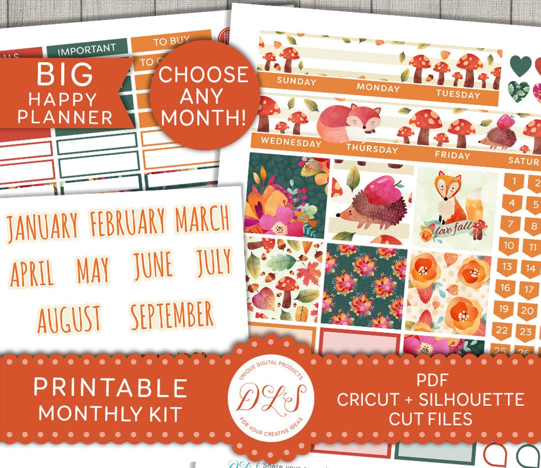 Big Happy Planner Fall Monthly Stickers Kit, Woodland Planner Stickers ...