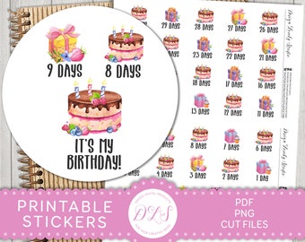 Druckbare Geburtstags-Countdown-Sticker, Geburtstags-Planersticker, Geburtstagskuchen-Sticker, für jeden Planer, Cut-Dateien, DS180