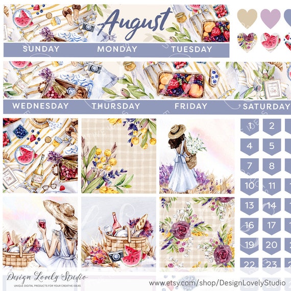 AUGUST Planner Stickers, Printable Planner Stickers, Big Happy