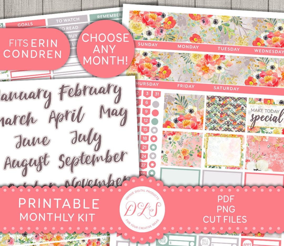 PRINTABLE Floral Monthly Planner Stickers, for Erin Condren Life ...