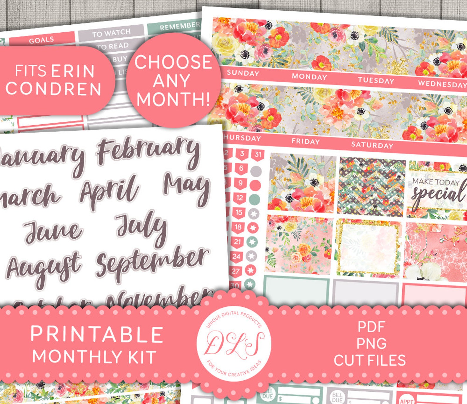 PRINTABLE Floral Monthly Planner Stickers, for Erin Condren Life ...