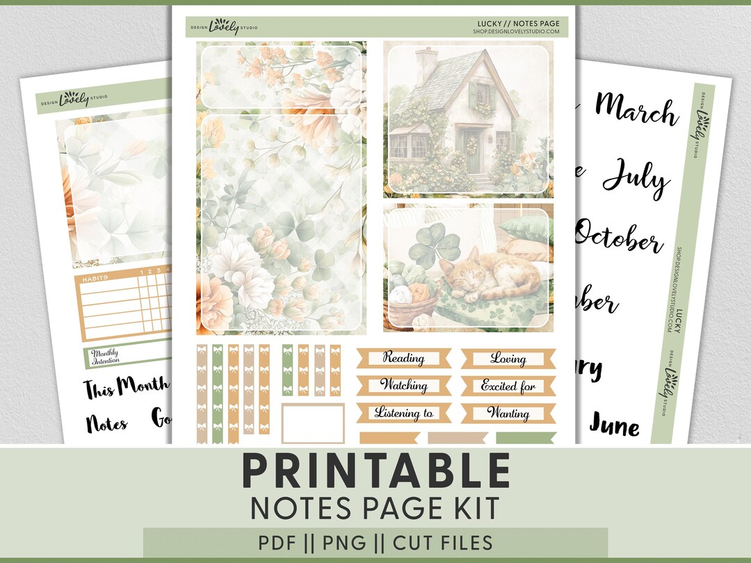 Lucky Printable Planner Stickers, March Notes Page Stickers for Erin ...