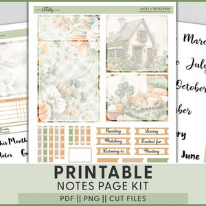 Może przedstawiać: Zestaw drukowanych stron notatek z kwiatowymi i wiejskimi ilustracjami. Zawiera trackery nawyków, notatki miesięczne i elementy dekoracyjne. Zawiera tekst "PRINTABLE NOTES PAGE KIT" i "PDF || PNG || CUT FILES".