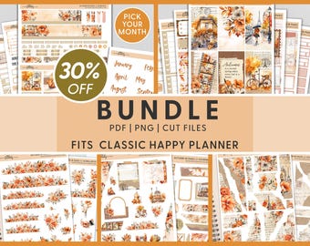 Könnte beinhalten: Ein digitales Planer-Sticker-Paket mit Pariser Thema und Herbstfarben. Die Sticker beinhalten florale Designs, Gebäude und Text. Das Paket ist für die Verwendung mit dem Classic Happy Planner gedacht.