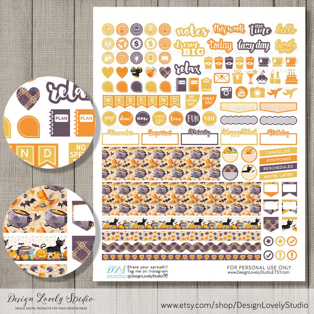 Printable HALLOWEEN Planner Stickers Kit, Fall Planner Stickers, Weekly ...