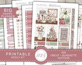 Big Happy Planner Thanksgiving Stickers Kit, Printable Thanksgiving Planner Stickers, Thanksgiving Weekly Planner Kit, Cut File, BW109