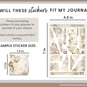 May include: A sheet of vintage-style journaling stickers with a floral design. The stickers are 4.8 inches by 7 inches and feature a variety of shapes and sizes. The stickers are printed on a white background with a distressed look. The text "Vintage // Journaling" is printed at the top of the sheet.