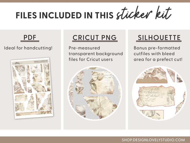 May include: A digital download sticker kit with vintage floral and text elements. The kit includes PDF, Cricut PNG, and Silhouette cut files.