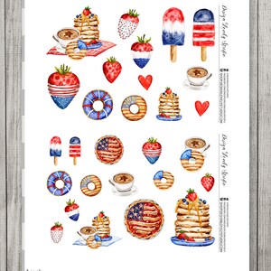 Op de afbeelding: Een set van 20 digitale clipart-afbeeldingen met rood-wit-blauwe patriottische ontwerpen. De afbeeldingen omvatten donuts, pannenkoeken, aardbeien, koffiekopjes en ijshoorntjes. De afbeeldingen zijn perfect voor het maken van digitale of gedrukte projecten voor 4 juli of andere patriottische feestdagen.