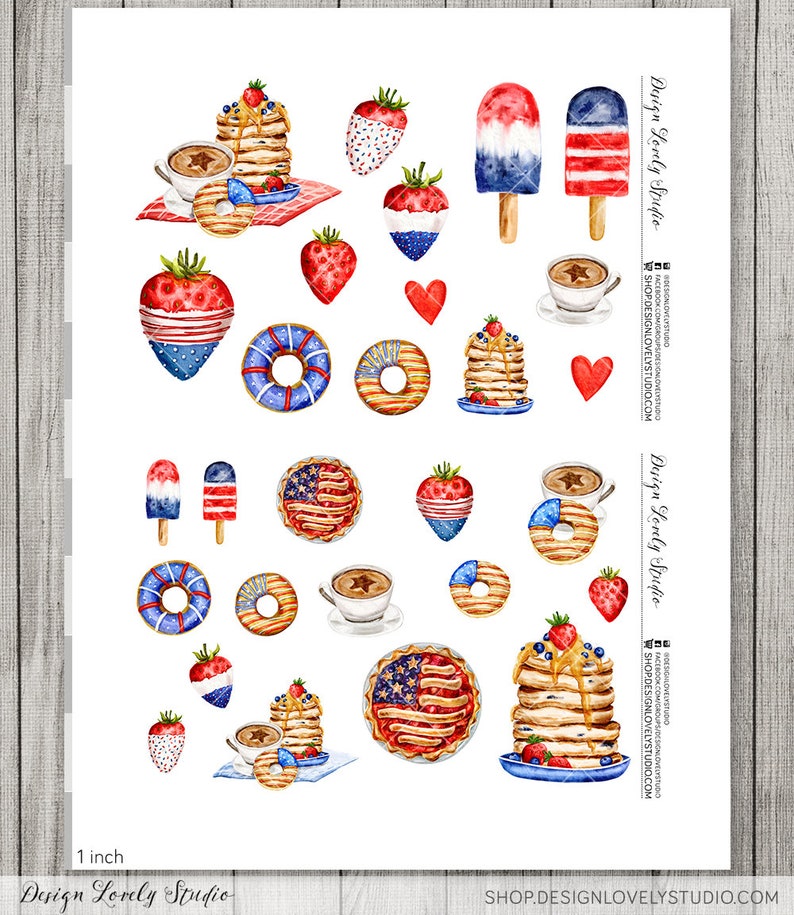 Op de afbeelding: Een set van 20 digitale clipart-afbeeldingen met rood-wit-blauwe patriottische ontwerpen. De afbeeldingen omvatten donuts, pannenkoeken, aardbeien, koffiekopjes en ijshoorntjes. De afbeeldingen zijn perfect voor het maken van digitale of gedrukte projecten voor 4 juli of andere patriottische feestdagen.