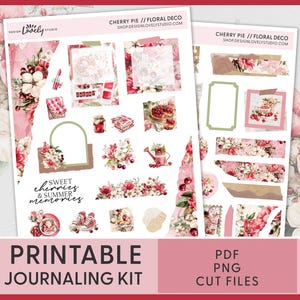 Cherry Summer Journaling Stickers – Printable Cottagecore Kit with Cherries, Red Florals & Vintage Summer Baking Theme, Cut Files, JS234