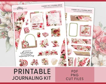 Cherry Summer Journaling Stickers – Printable Cottagecore Kit with Cherries, Red Florals & Vintage Summer Baking Theme, Cut Files, JS234