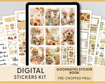 Pode incluir: Kit de autocolantes digitais para GoodNotes, com designs florais e de girassóis. Inclui PNGs pré-cortados. A imagem mostra um tablet exibindo vários designs de autocolantes, juntamente com folhas de autocolantes adicionais. O texto na imagem inclui "Digital Stickers Kit" e "GoodNotes Sticker Book".