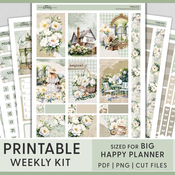 Printable Floral Summer Planner Stickers, Big Happy Planner Stickers, Peonies Stickers, Vintage, Spring Stickers, Weekly Sticker Kit, BW229