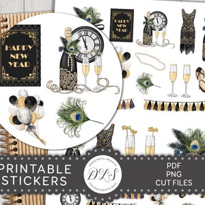 Afdrukbare Nieuwjaar Planner Stickers, Nieuwjaar Scrapbook Stickers, Oudejaarsavond Decoratieve Stickers, Glam Party Planner Stickers, DS139