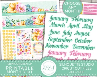 Peut inclure: Kit de planificateur mensuel imprimable avec des motifs floraux aquarelle. Le kit comprend une grille de calendrier, des cases pour les notes et une illustration de colibri. Le kit est disponible en format numérique pour Silhouette Studio et Cricut Cut Files.