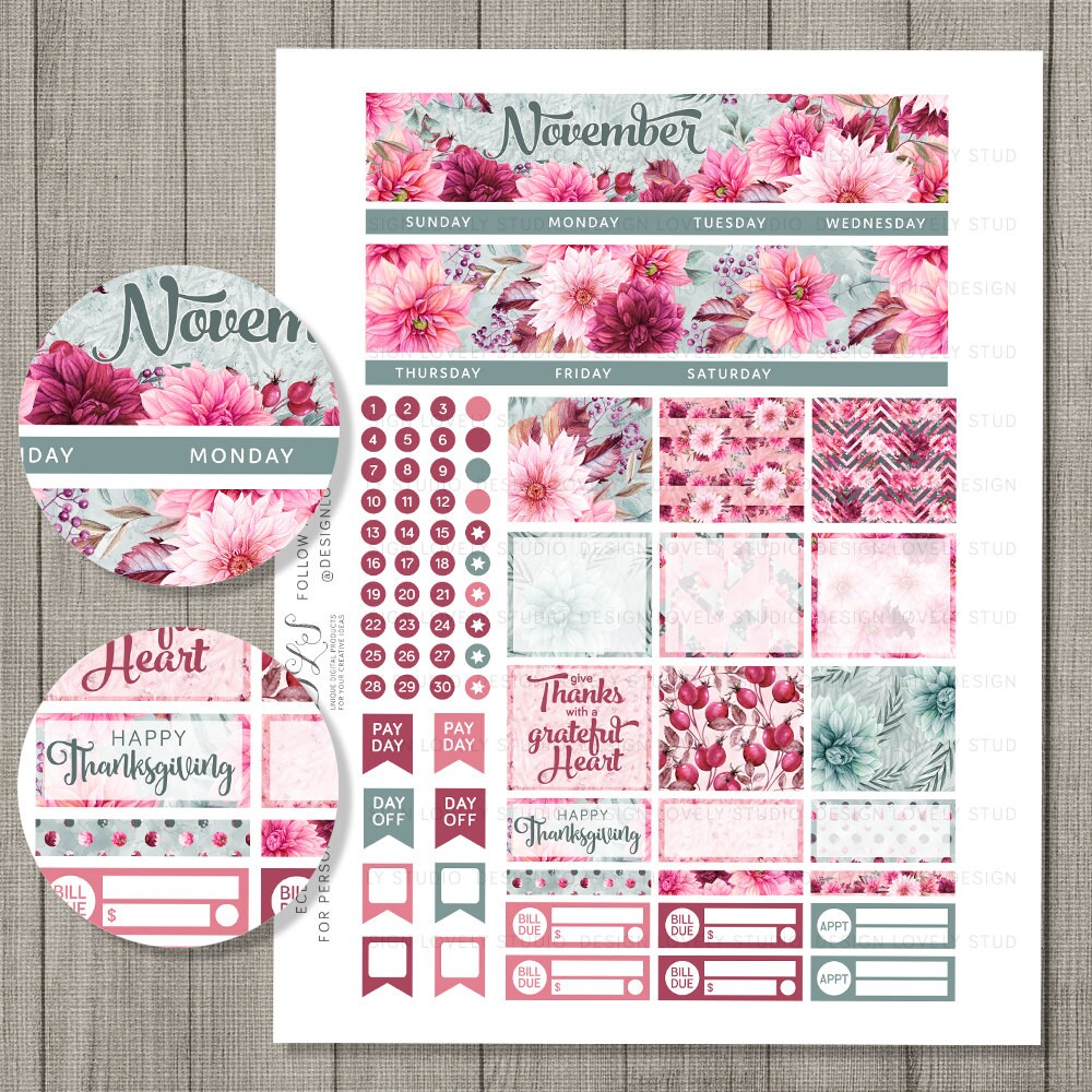 NOVEMBER Planner Monthly View Stickers for Erin Condren LP Fall Flower ...