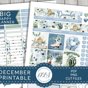 DECEMBER afdrukbare planner stickers, grote gelukkige planner stickers, vakantie planner stickers, winter sticker kit, blauw, winter, gesneden bestanden BM203