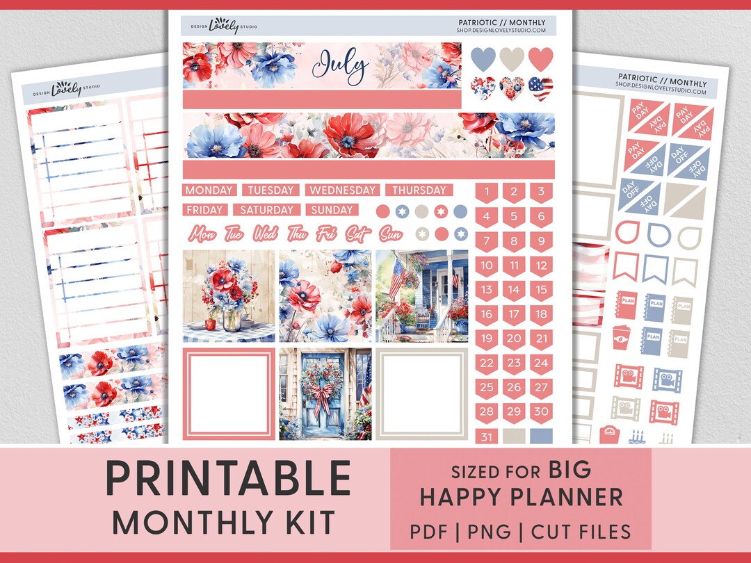 July Monthly Sticker Kit, July Planner Stickers, Printable Big Happy ...