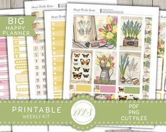 SPRING Planner Stickers Kit, Printable Big Happy Planner Spring Stickers, Floral Planner Stickers, March Weekly Planner Kit, BW116