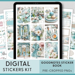 Pegatinas digitales Glamour Tea Time: Kit Goodnotes precortado, compatible con iPad, Café París, Macarons, Moda, Azul y Rubor, DG185