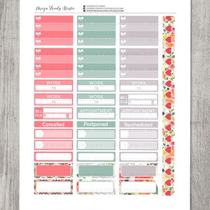 May include: Printable planner stickers with floral designs in pink, green, and gray. The stickers include labels for "Work to", "Bill Due $", "Appointment", "Cancelled", "Postponed", and "Rescheduled".