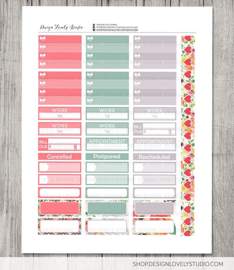 May include: Printable planner stickers with floral designs in pink, green, and gray. The stickers include labels for "Work to", "Bill Due $", "Appointment", "Cancelled", "Postponed", and "Rescheduled".
