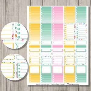 May include: A sheet of colorful planner stickers with floral designs. The stickers are in yellow, pink, green, and white. The stickers include various shapes and sizes, including circles, squares, rectangles, and banners. The stickers are designed for use in a planner or journal.
