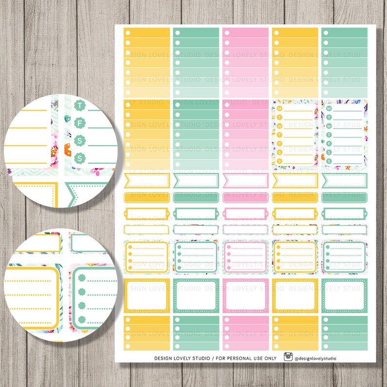 May include: A sheet of colorful planner stickers with floral designs. The stickers are in yellow, pink, green, and white. The stickers include various shapes and sizes, including circles, squares, rectangles, and banners. The stickers are designed for use in a planner or journal.