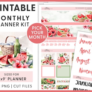 July Monthly Sticker Kit, August Monthly Sticker Kit, Printable Monthly Planner Stickers, Watermelon Stickers, Summer Planner Stickers,MV226