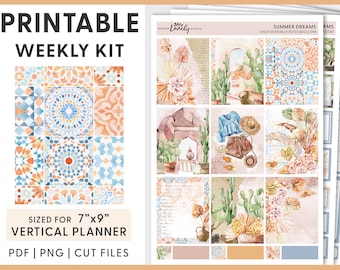 May include: Printable weekly planner kit with a summer dreams theme. The kit includes 9 stickers with watercolor illustrations of cacti, flowers, and geometric patterns in shades of blue, orange, and pink. The stickers are sized for a 7 inch by 9 inch vertical planner.